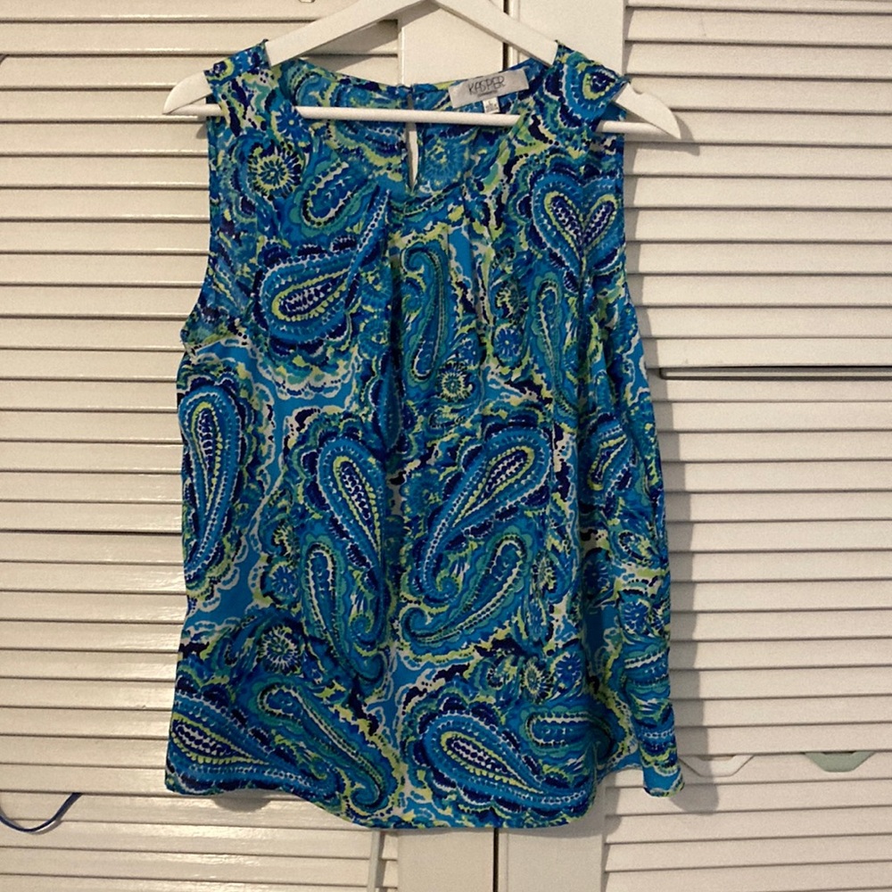 Kasper Top Blouse Aqua Green Pattern